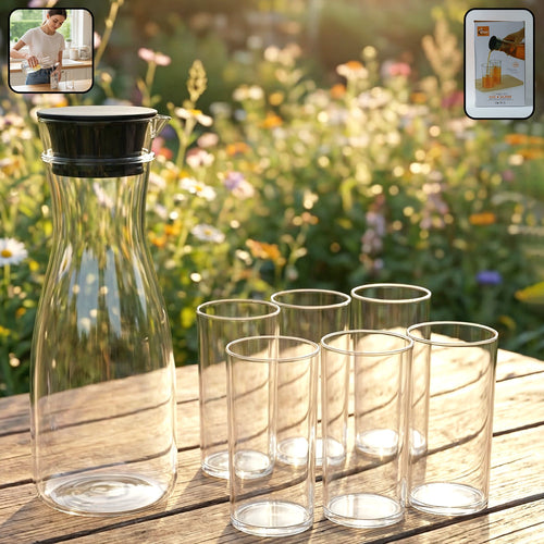 plastic water jug and drinking glass set with 6 glasses