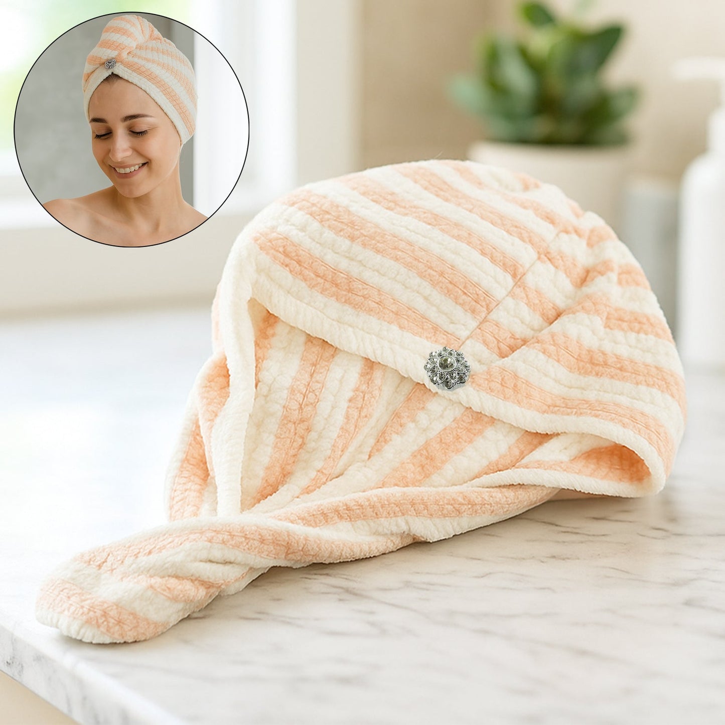 Soft Microfiber Hair Drying Towel Wrap with Cute Teddy Bear Button (1 Pc)
