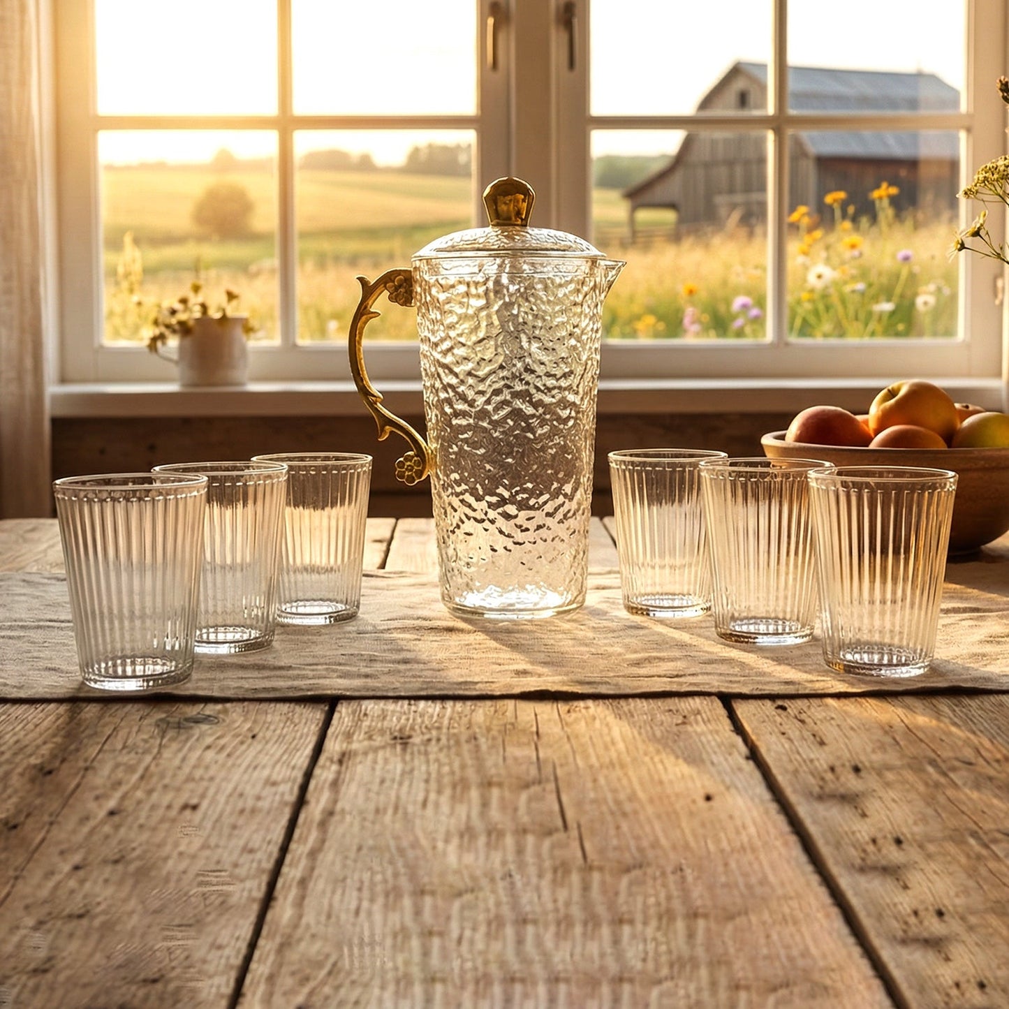 Elegant Textured Glass Water Jug with 6 glasses Set (1 Set)