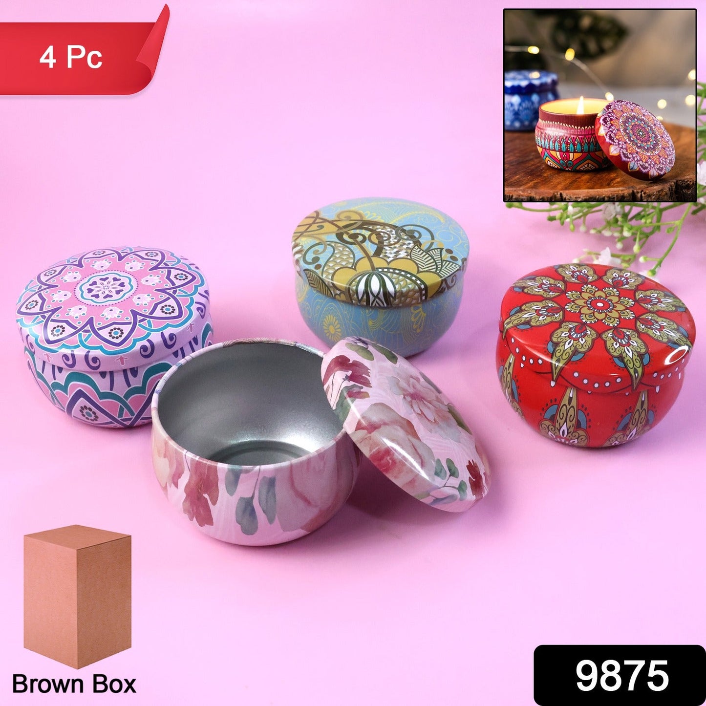 Premium Decorative Mandala Printed Metal Candle Container (4 Pc)