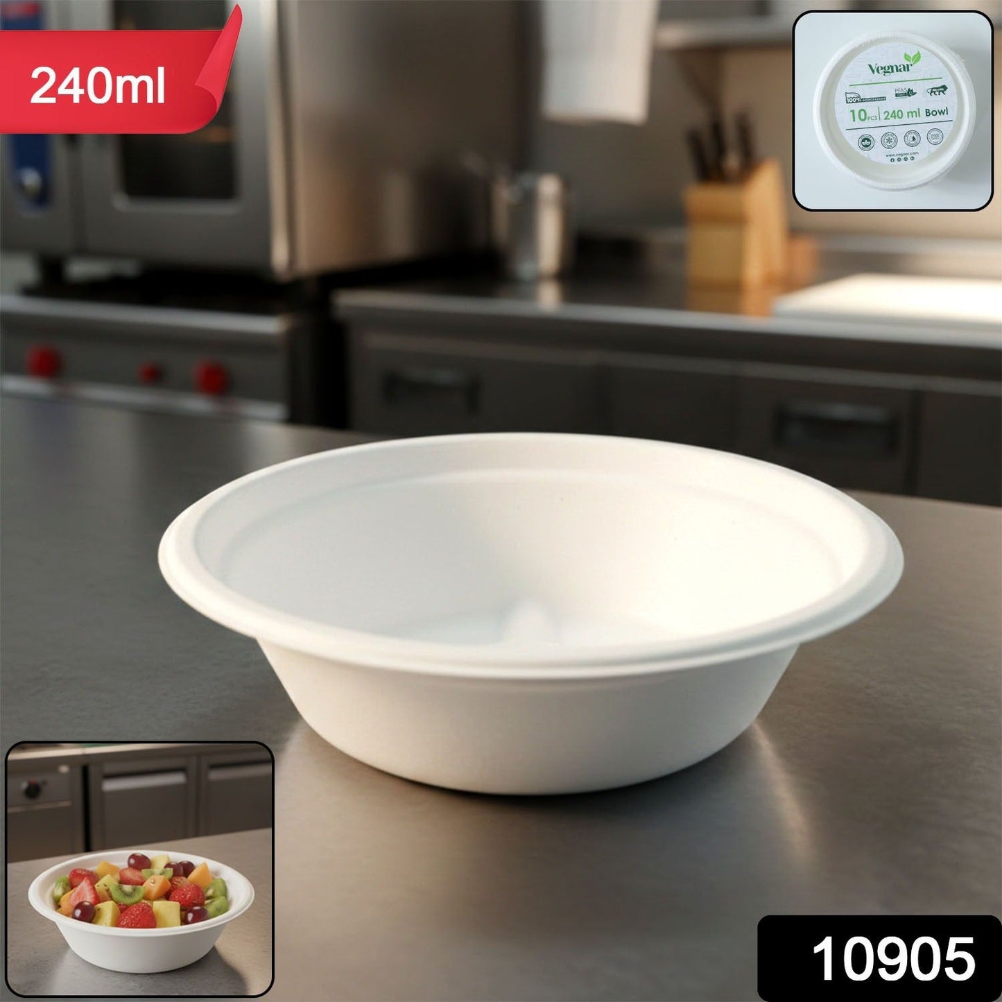 Vegnar 240 ml Compostable Bagasse Bowl (10 Pc)