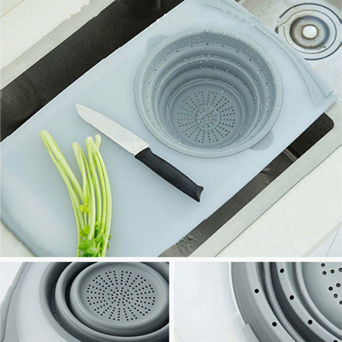 2 in 1 Over-Sink Cutting Board with Built-In Collapsible Strainer (50 x 28 Cm)