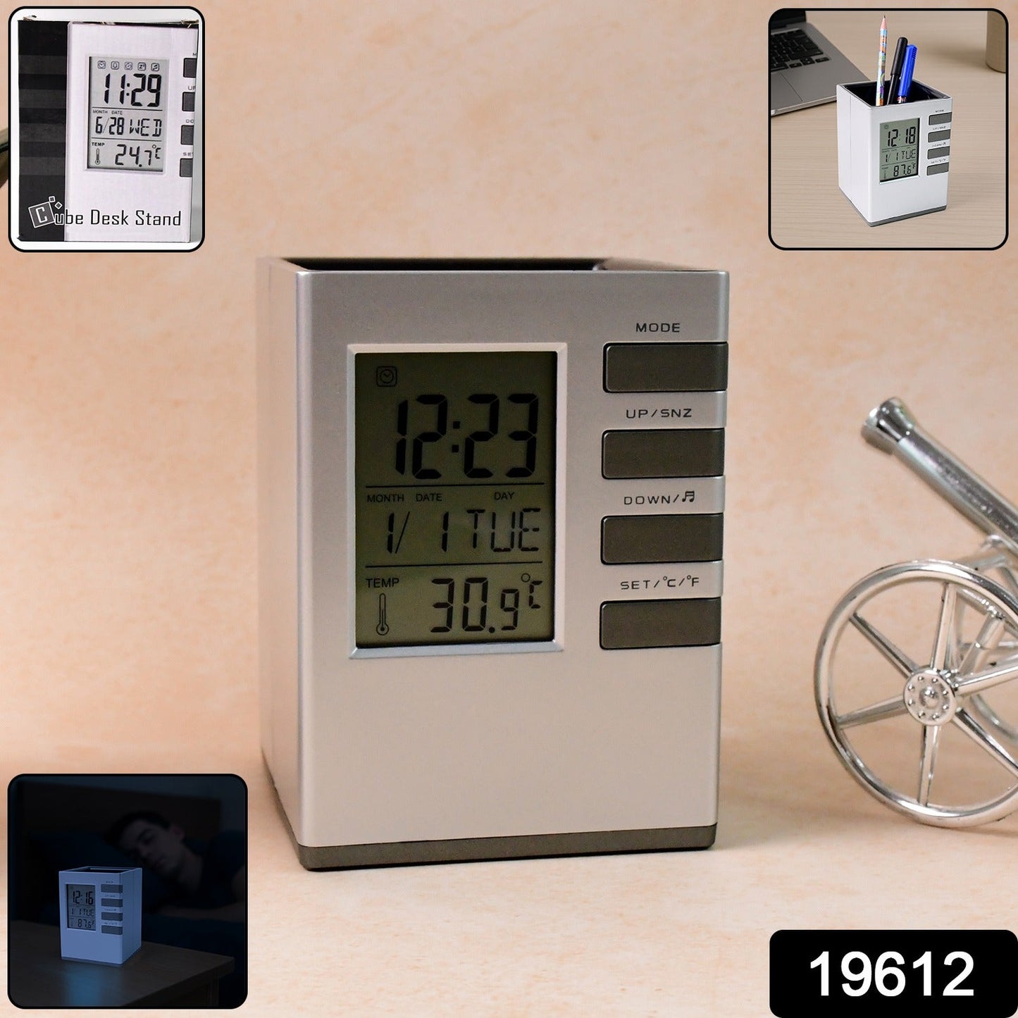 Smart Cube Digital Clock with Stationery Holder